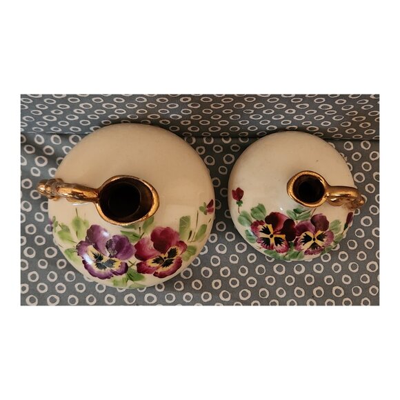 Two ~ Vintage Le Pere Mini Hand Painted Pansy Pitchers/ Vases with Gold Trim - Picture 5 of 11